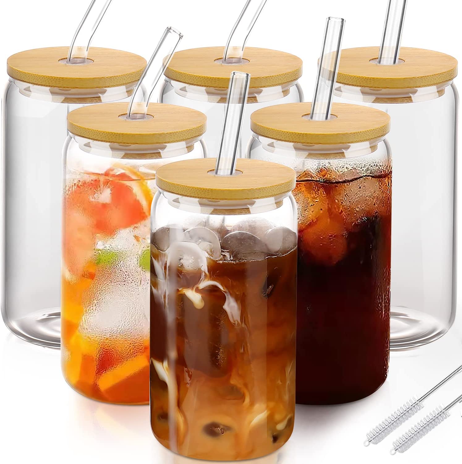DWTS DANWEITESI Glass Cups with Lids and Straws 6pcs Set 16oz Iced Coffee Cups，Glass Coffee Cups，Beer Can Glass with Lids and Straw - Image 6
